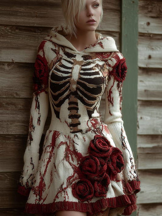 Comstylish Halloween Blood Rose Women's Knit Hooded Sweater Dress