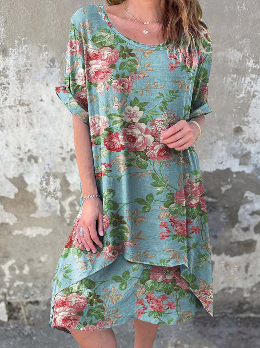 Women's Summer Vintage Floral Art Casual Round Neck Cotton Dress