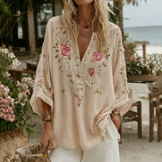 Vintage Floral Embroidery Pattern Art Linen Comfy Tunic artswardrobe
