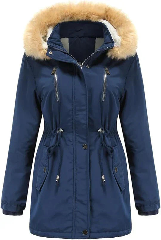 JO | long coat with faux fur hood and fleece lining