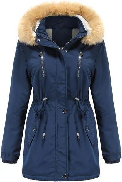 JO | long coat with faux fur hood and fleece lining