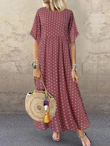 KS | Polka Dot Ladies Midi Dress Bohemian Vacation Short Sleeve O-Neck Long Robe Vintage Loose Casual A-line Vestidos Summer