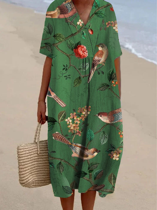 Elegant Flowers And Birds Printed Women's Casual Cotton And Linen