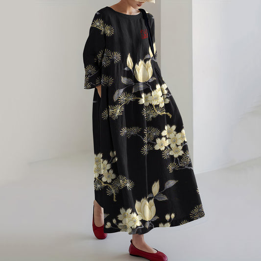 Comstylish Vintage Japanese Flower Art  Casual Midi Dress