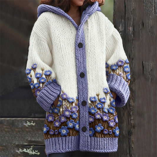 Comstylish Lavender Floral Crochet Cozy Chunky Knit Hooded Cardigan