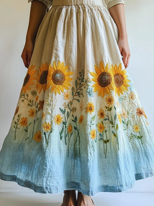 Boho Sunflower Embroidered Gradient Linen Skirt artswardrobe