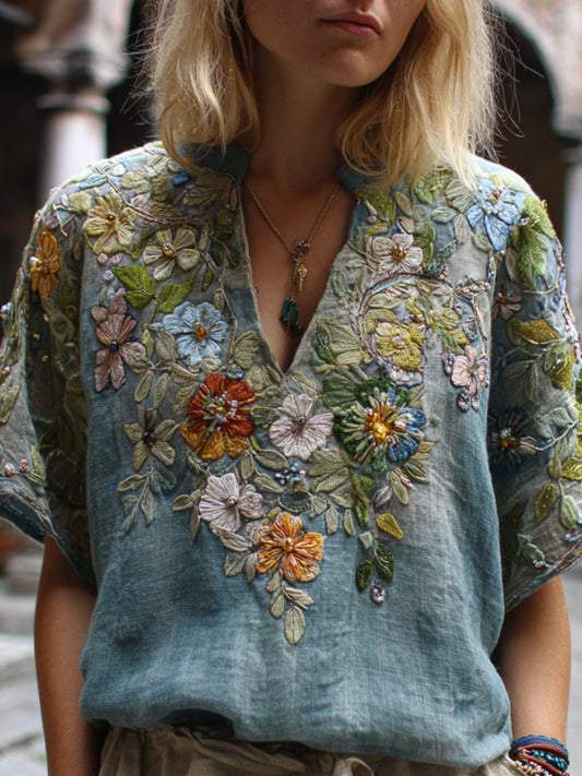 Bohemian Blue Melancholy Embroidery Vintage V-neck Short-sleeved Shirt artswardrobe