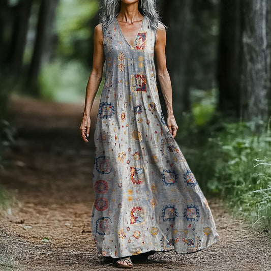 Women's Ethnic Tattoo Art Print Cotton Sleeveless Dress artswardrobe