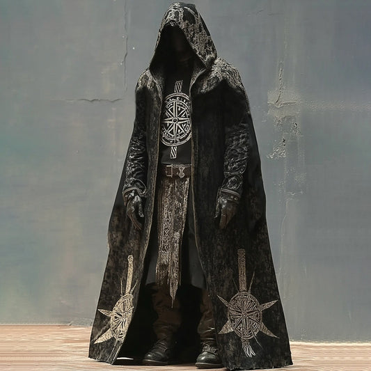 Men's Color-block Viking Compass Embroidered Hooded Cape