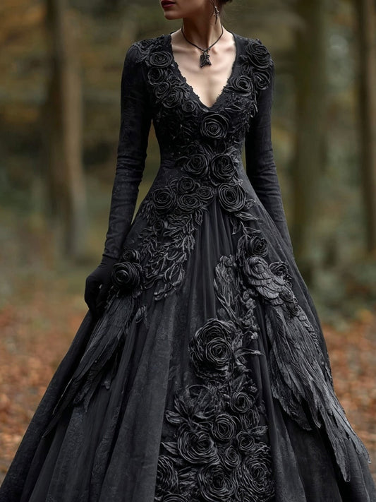 Comstylish Classy Crow Feathers & Roses Embroidered Maxi Dress