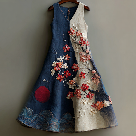 Comstylish Women's Vintage Japanese Cherry Blossom And Wave Moon Art Linen Dress