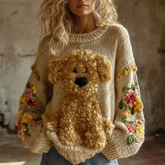 Comstylish Vintage Toy Poodle With Floral Felt Art Inspired Embroidered Cozy Knit Sweater