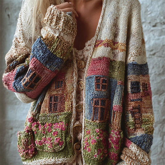 Comstylish Cottagecore Floral Buildings Colorblock Crochet Cozy Knit Cardigan