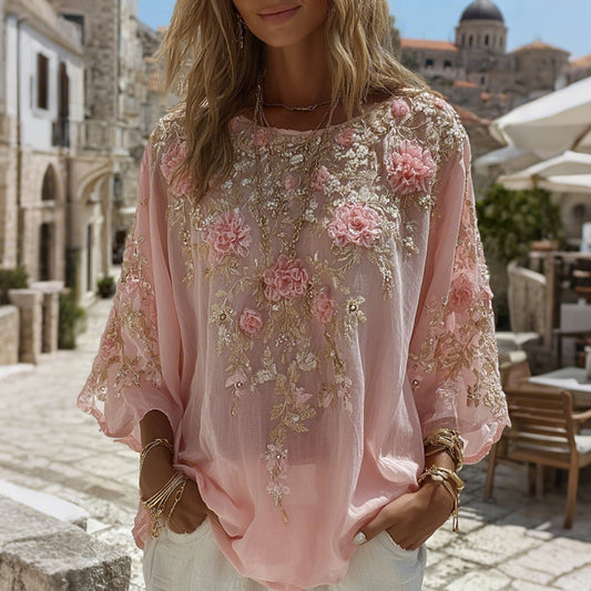 Women's Pink Rose Embroidered Art  Linen Tunic elevenforest