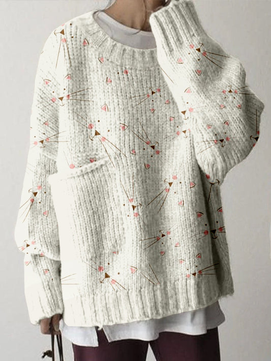 Comstylish Lovely Kitty Faces Pattern Big Pocket Cozy Sweater