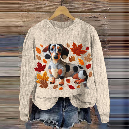 Comstylish Women's Cute Dachshund With Maple Leaves Cozy Sweater