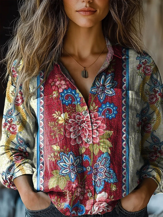 Women's Vintage Floral Art Print Casual Long Sleeve Comfortable Cotton