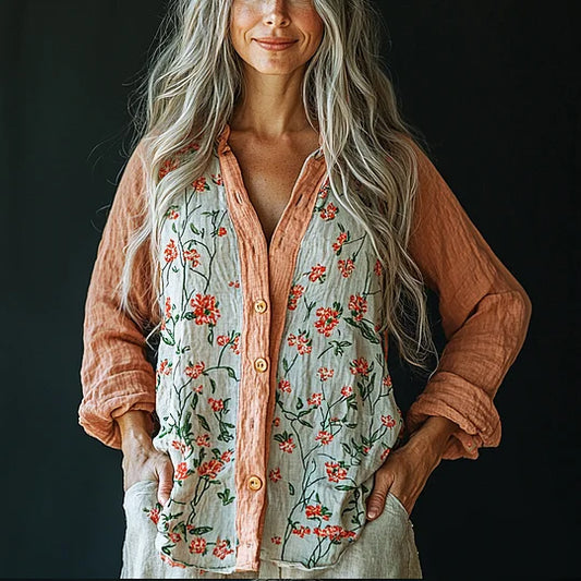Comstylish Women's Retro Loose Bohemia Floral Contrast Panel Print Casual Shirt