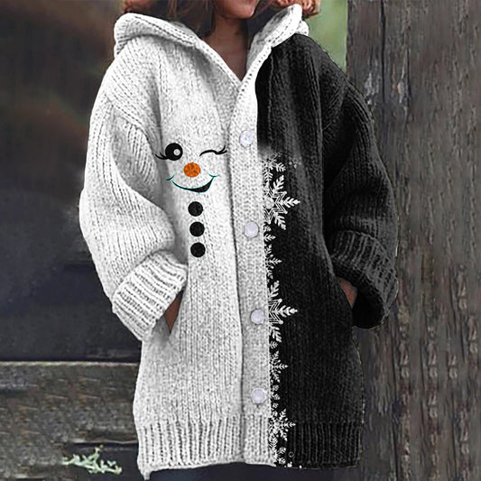 Comstylish Vintage Christmas Cute Snowman Pattern Women's Hooded Sweater Cardigan