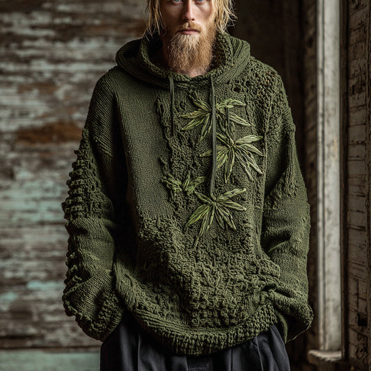 Men's Vintage Bamboo Embroidery Art Knit Hooded Sweater elevenforest