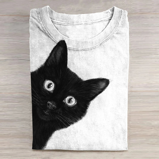 Comstylish Vintage Black Cat Art Print Casaul T-Shirt