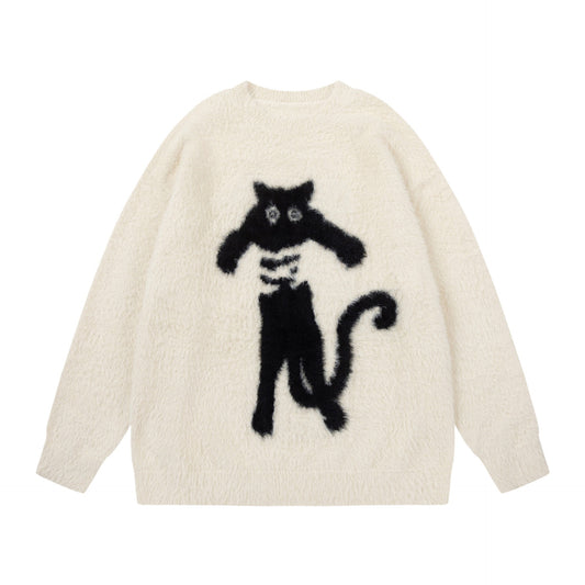 Abstract Black Cat Graphic Jacquard Art Fuzzy Knit Unisex Sweater elevenforest
