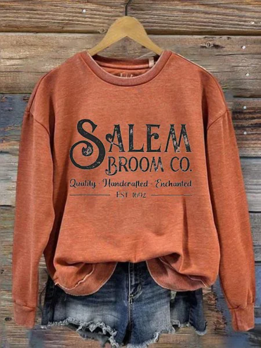 Comstylish Women's Salem Broom Co Quality Handcrafted Enchanted Est 1692 Printed Round Neck Long Sleeve Sweatshirt