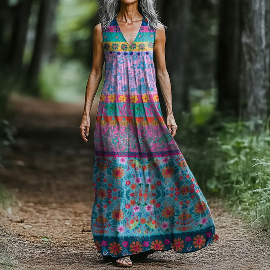 Women's Floral Art Print Cotton Sleeveless V Neck Dress artswardrobe