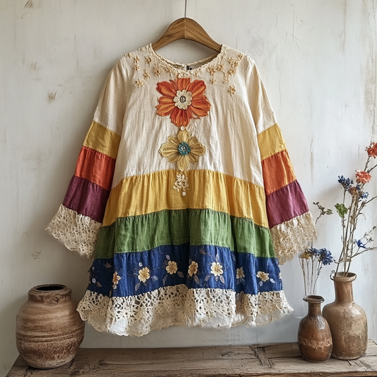 Vintage Bohemian Floral Rainbow Linen Shirt artswardrobe
