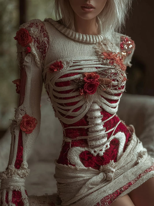 Comstylish Women's Halloween Skeleton And Rose Art Round Neck Mini Skirt