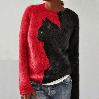 Abstract Creative Black And White Contrast Cat Painting Art Print Knitted Pullover Sweater elevenforest