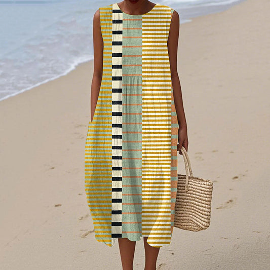Women's Vintage Geometry Stripes Print Casual Dress artswardrobe