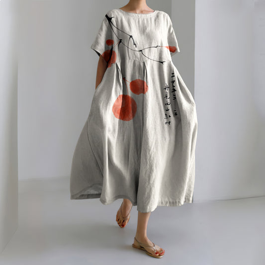 Comstylish Vintage Blossom Art Printed Crew Neck Casual Midi Dress