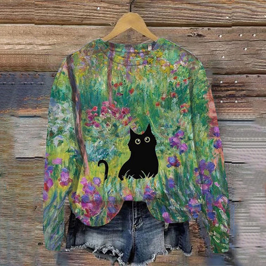 Comstylish Women's Animal Forest Cat Graphic Print Comfortable Sweatshirt