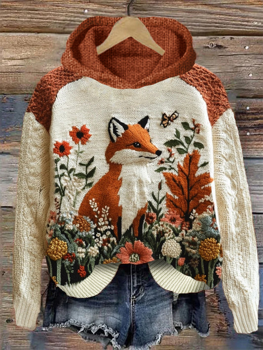 Forest Fox & Flowers Embroidered Cozy Knit Hooded Sweater artswardrobe