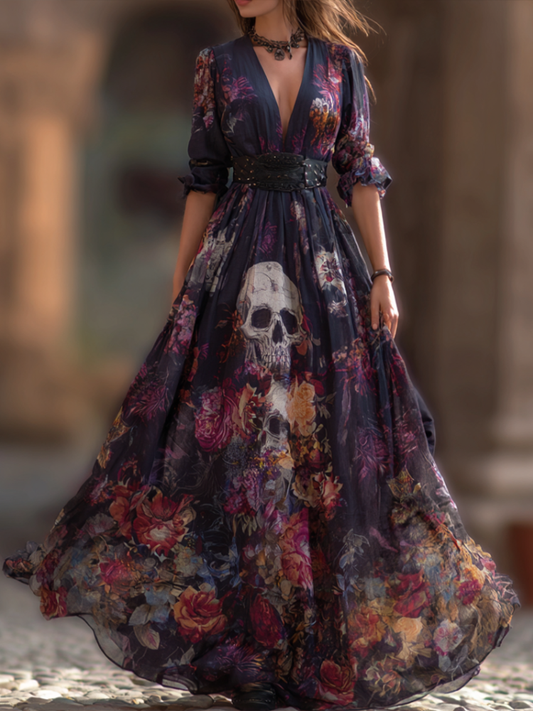 Halloween Theme Rose And Skull Pattern Women's V-neck Long Dress artswardrobe