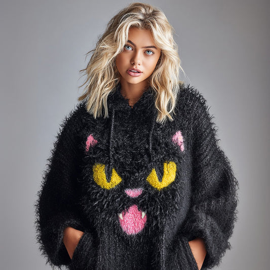 Women's National Black Cat Day Cute Cat Art Knitted Fuzzy Hooded Sweater elevenforest