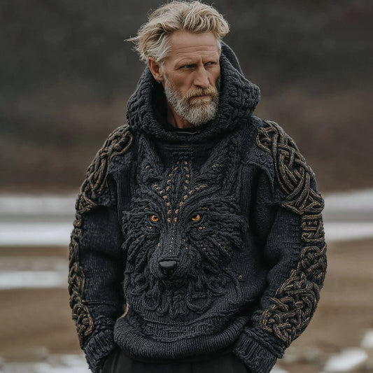 Men's Vintage Viking Celtic Knot Wolf Knit Hooded Sweater artswardrobe