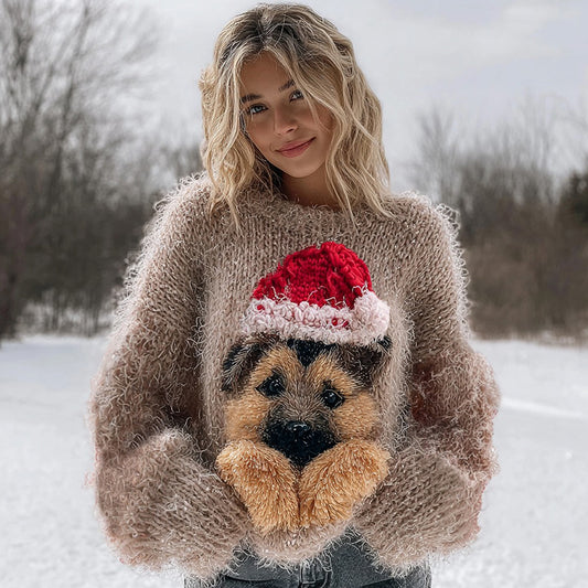 Comstylish Fuzzy Cute German Shepherd Puppy Knit Christmas Sweater