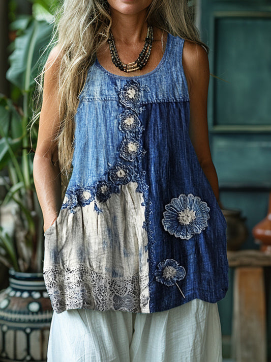 Floral Denim Textile Lace Hem Patchwork Tank Top artswardrobe
