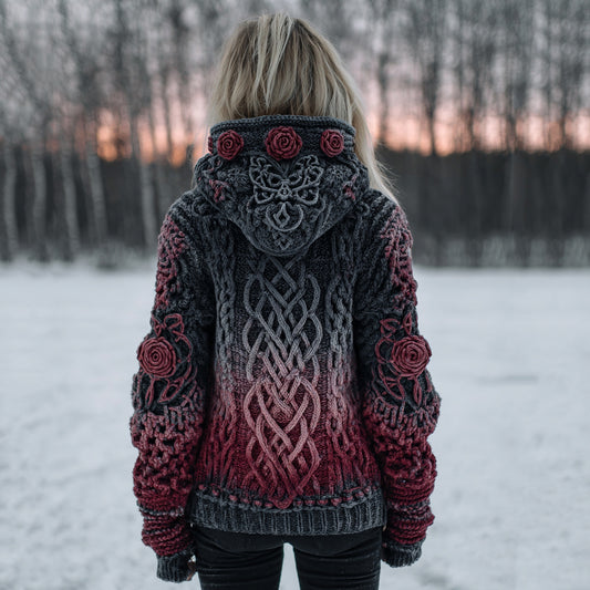 Women's Vintage Celtic Knot Jacquard Gradient Hooded Aran Sweater artswardrobe