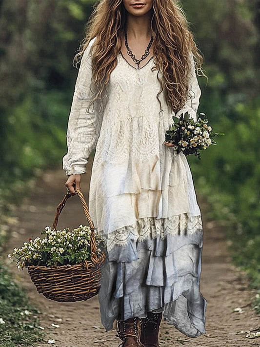 Vintage Floral Lace Layered Flowy Linen Blend Maxi Dress artswardrobe