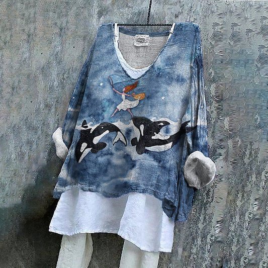 Vintage Fantasy Orca Whale Dreamy Art Pattern Linen Blend Tunic artswardrobe