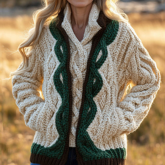 Women's Contrast Wave Pattern Pocket Cardigan Aran Sweater artswardrobe