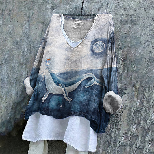 Vintage Fantasy Humpback Whale Girl Nursery Dreamy Art Pattern Linen Blend Tunic artswardrobe