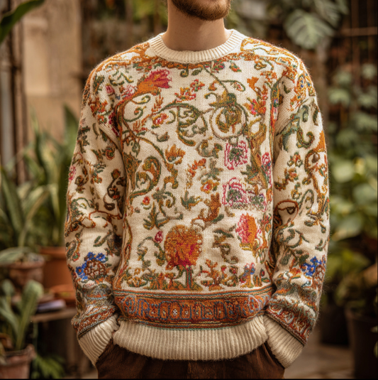 Men's Round-necked Sweater With Plant And Flower Patterns elevenforest