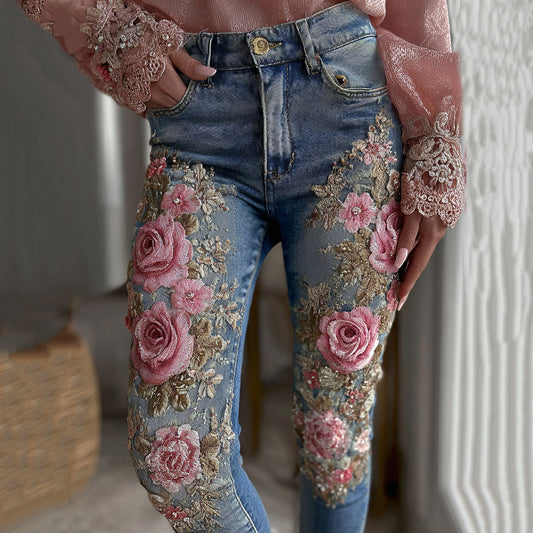 Women's Vintage Rose Floral Embroidery Art Casual Jeans artswardrobe