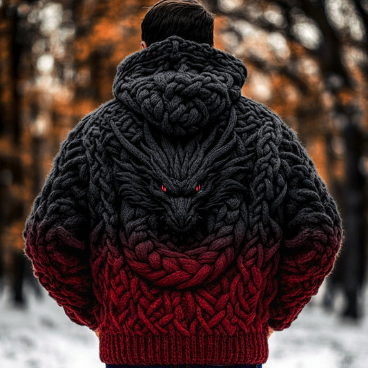Men's Viking Dragon Style Celtic Art Knit Hooded Zip-up Sweater artswardrobe