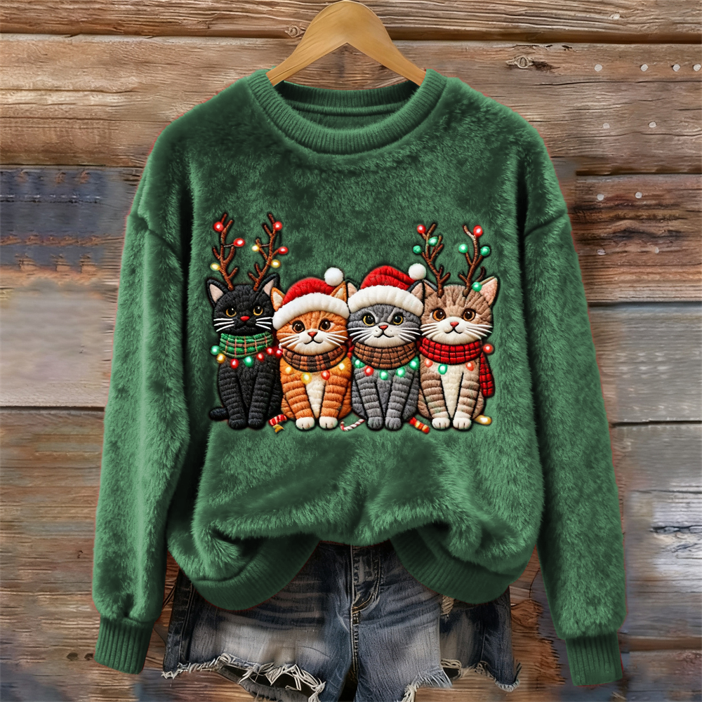 Comstylish Christmas Lights Cat Women's Cozy Plush Sweater