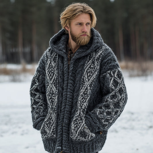 Men's Vintage Fairman Island Jacquard Warm Hooded Sweater Cardigan artswardrobe